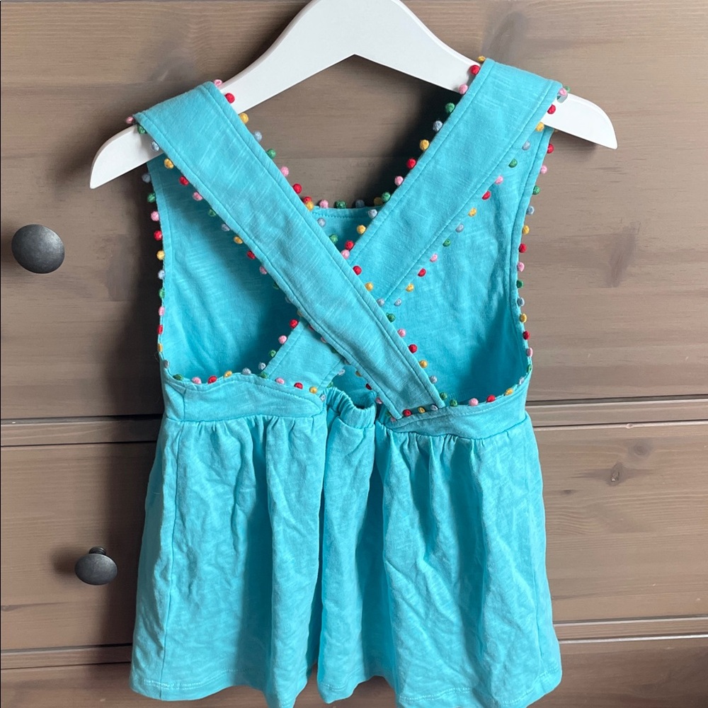 Kids Boden Blue Sleeveless Kids Top with Pom-Pom Trim